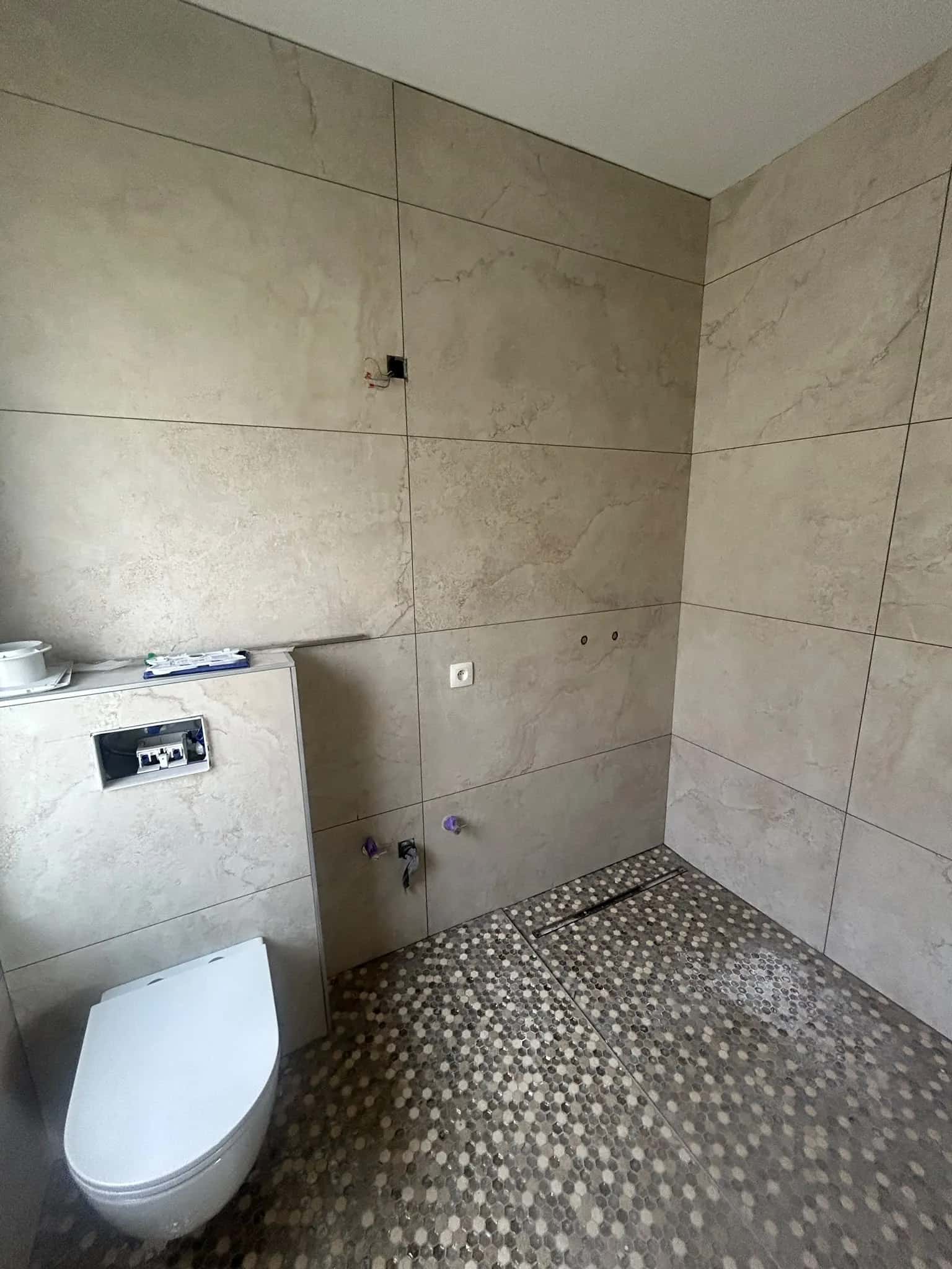 Vue d'ensemble de la salle de bain, douche à l'italienne et sanitaire suspendu